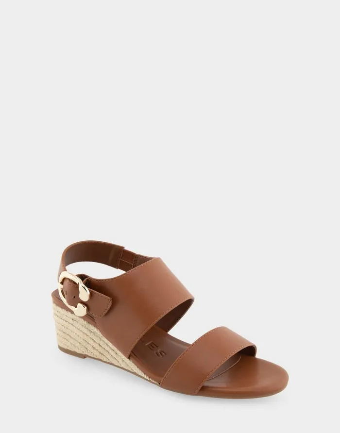 Aerosoles Comfortable Women039s Buckle Back Mid Wedge Sandal In Tan Faux Leather Tan Faux Leather Women Wide Width Sandals