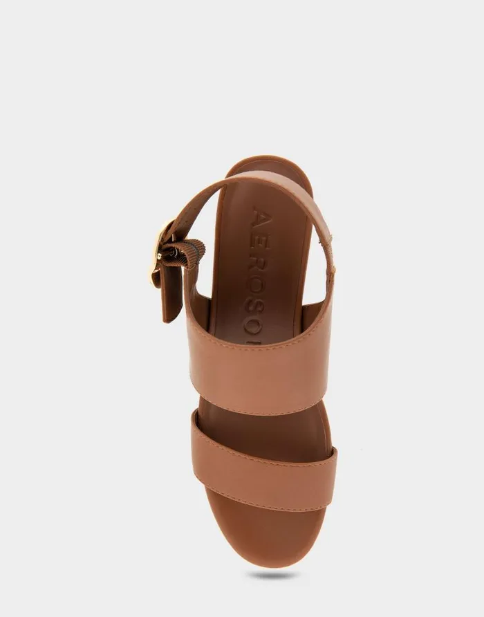 Aerosoles Comfortable Women039s Buckle Back Mid Wedge Sandal In Tan Faux Leather Tan Faux Leather Women Wide Width Sandals