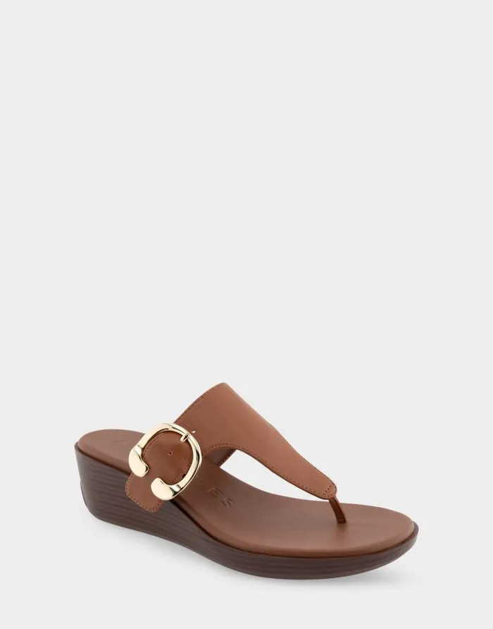 Aerosoles Comfortable Women039s Buckle Detail Wedge Thong Sandal In Tan Faux Leather Tan Faux Leather Women Clogs and Mules