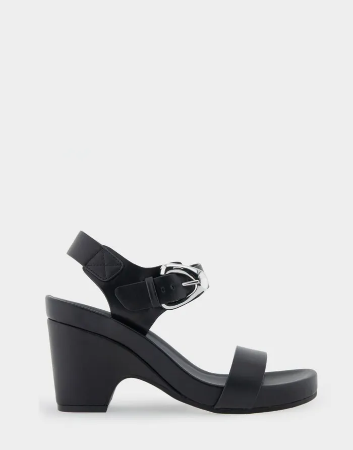 Aerosoles Comfortable Women039s Buckled Footbed Wedge Sandal In Black Leather Black Leather Women Dress