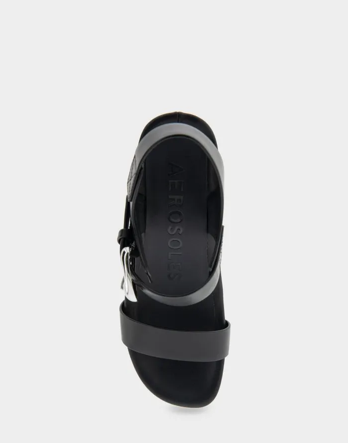 Aerosoles Comfortable Women039s Buckled Footbed Wedge Sandal In Black Leather Black Leather Women Dress