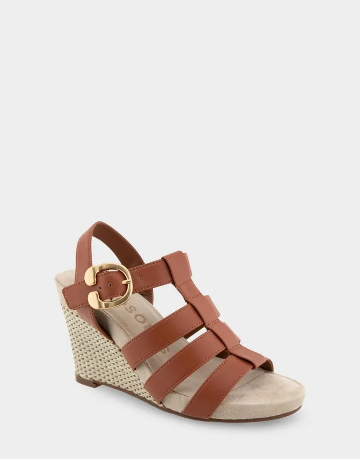 Aerosoles Comfortable Women039s Caged Footbed Wedge Sandal In Gingerbread Faux Leather Gingerbread Faux Leather Women Wedges