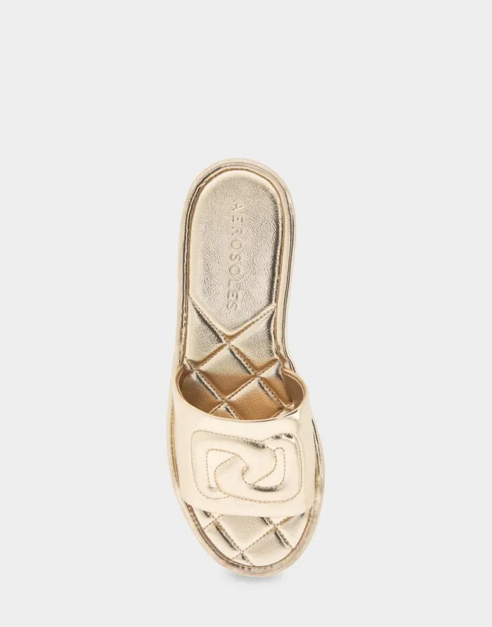 Aerosoles Comfortable Women039s Debossed Chain Link Slide Sandal In Soft Gold Faux Leather Soft Gold Faux Leather Women Flats