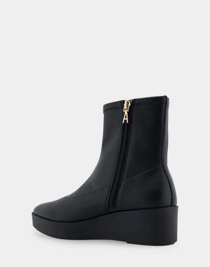 Aerosoles Comfortable Women039s Midcalf Bootwedge In Black Stretch Faux Leather Black Stretch Faux Leather Women Ankle Boots