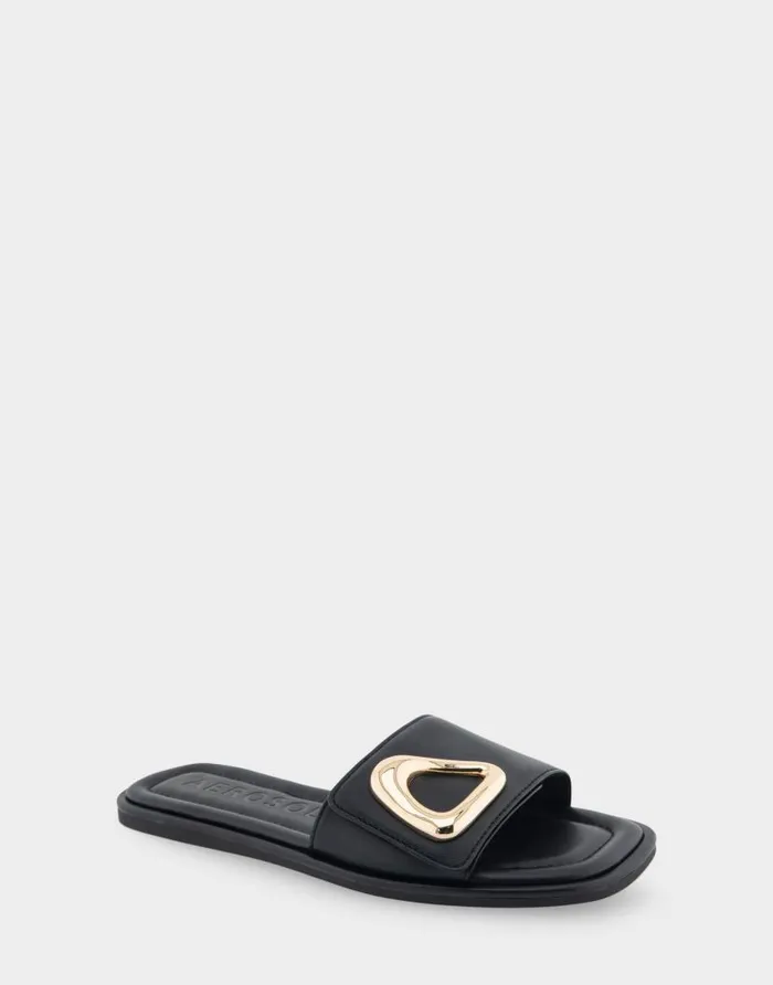 Aerosoles Comfortable Women039s Ornamented Single Band Slide Sandal In Black Leather Black Leather Women Flats