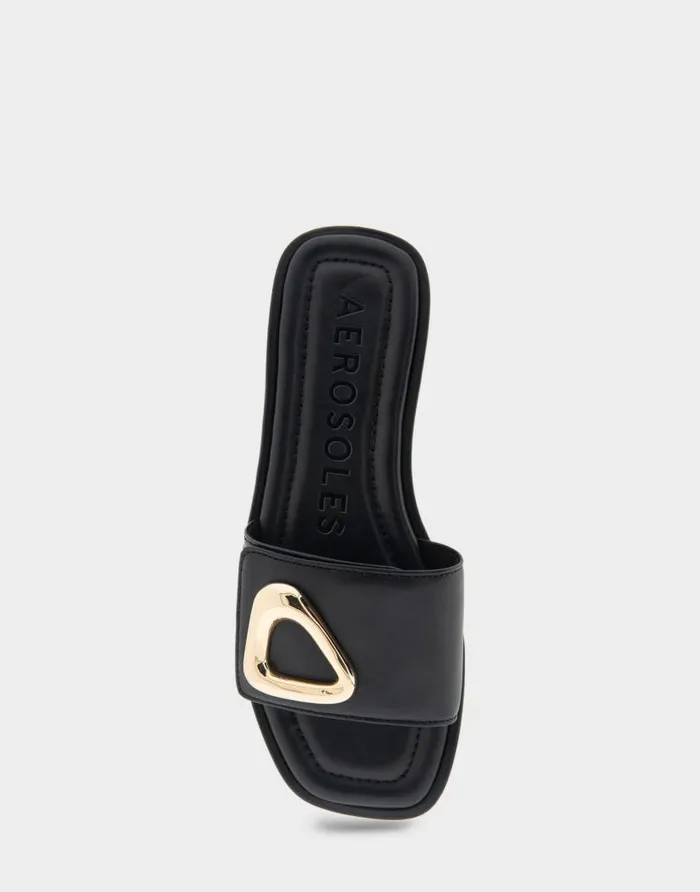 Aerosoles Comfortable Women039s Ornamented Single Band Slide Sandal In Black Leather Black Leather Women Flats