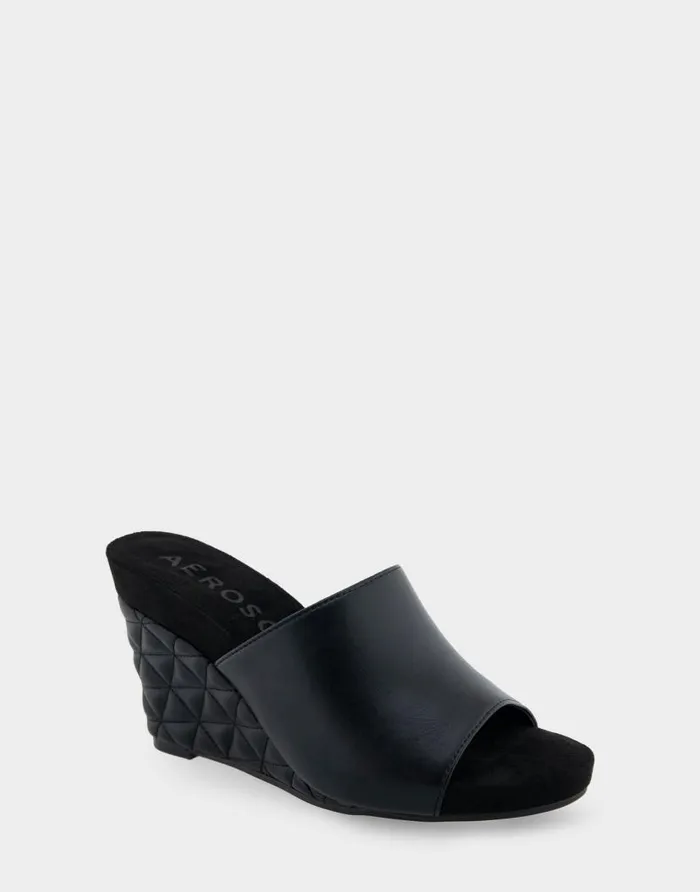 Aerosoles Comfortable Women039s Quilted Heel Footbed Wedge Slide In Black Faux Leather Black Faux Leather Women Dress