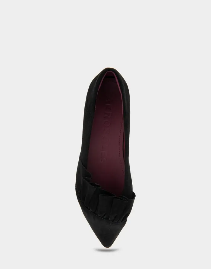 Aerosoles Comfortable Women039s Ruffled Point Toe Flat In Black Genuine Suede Black Genuine Suede Women Ballet