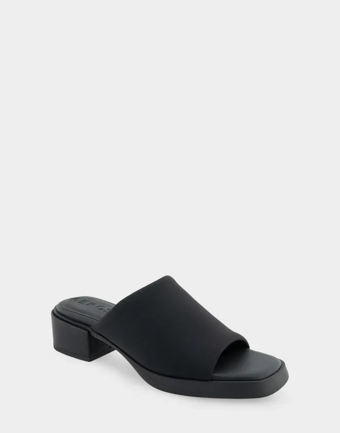 Aerosoles Comfortable Women039s Stretch Slip On Low Block Heel Sandal In Black Stretch Fabric Stretch Fabric Women Slides