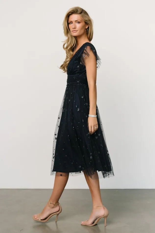 Baltic Born Embellished Sequin Women Chiara Shimmer Midi Dress Navy