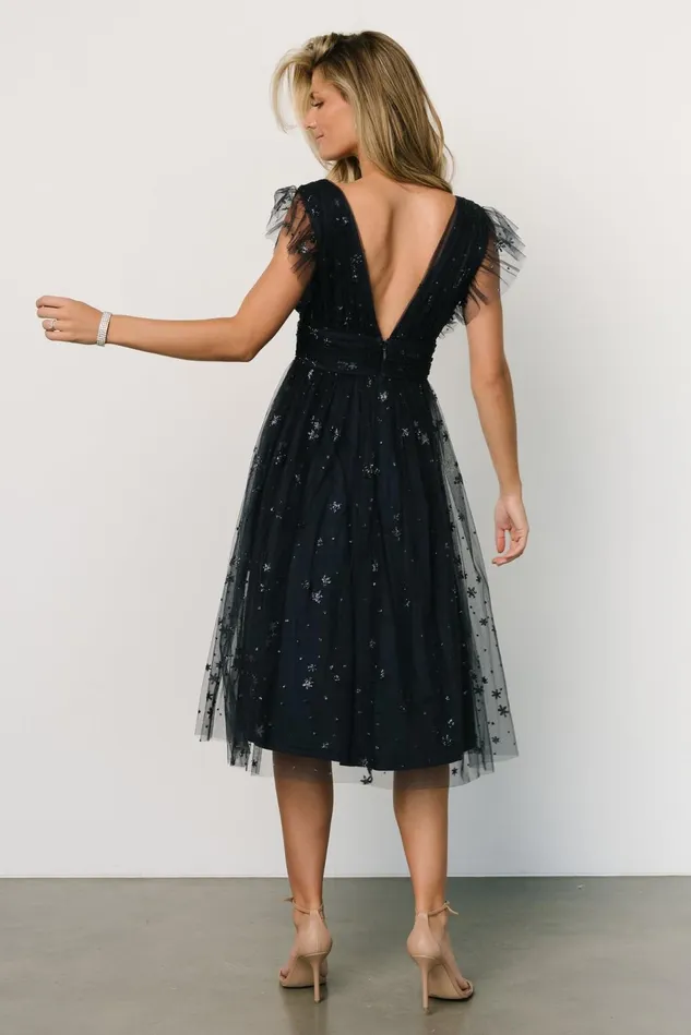 Baltic Born Embellished Sequin Women Chiara Shimmer Midi Dress Navy