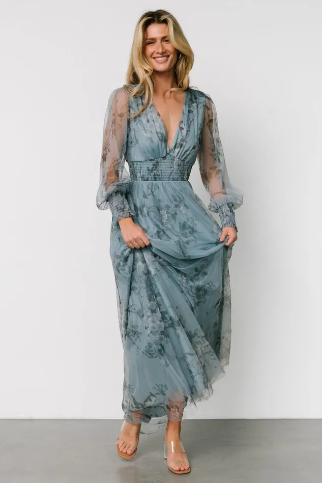 Baltic Born Tulle Styles Women Layla Tulle Maxi Dress Dusty Blue Floral