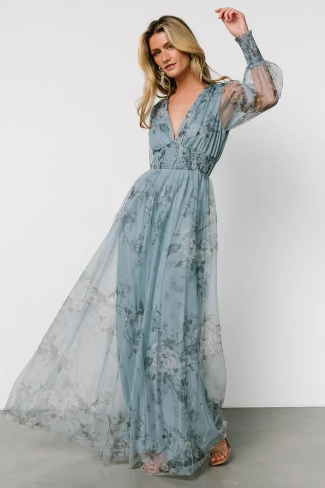 Baltic Born Tulle Styles Women Layla Tulle Maxi Dress Dusty Blue Floral