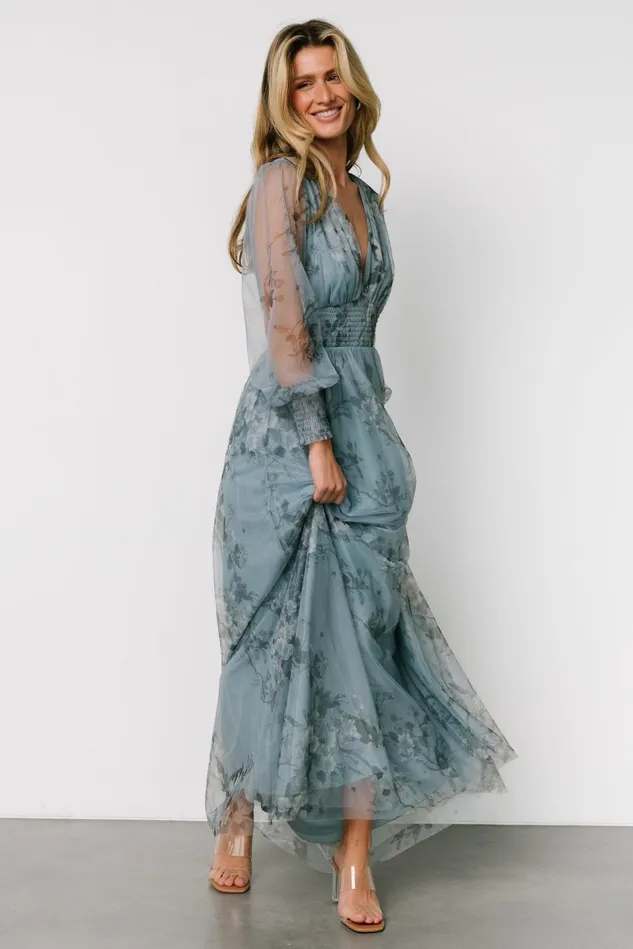 Baltic Born Tulle Styles Women Layla Tulle Maxi Dress Dusty Blue Floral