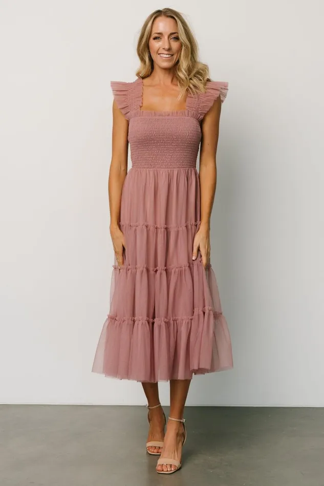 Baltic Born Wedding Guest Women Emma Smocked Tulle Dress Dusty Rose