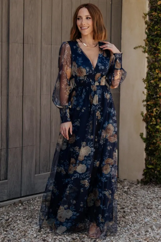Baltic Born Wedding Guest Women Layla Tulle Maxi Dress Blue Golden Floral