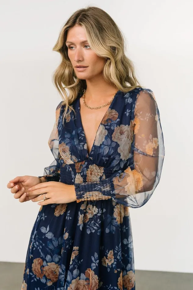 Baltic Born Wedding Guest Women Layla Tulle Maxi Dress Blue Golden Floral
