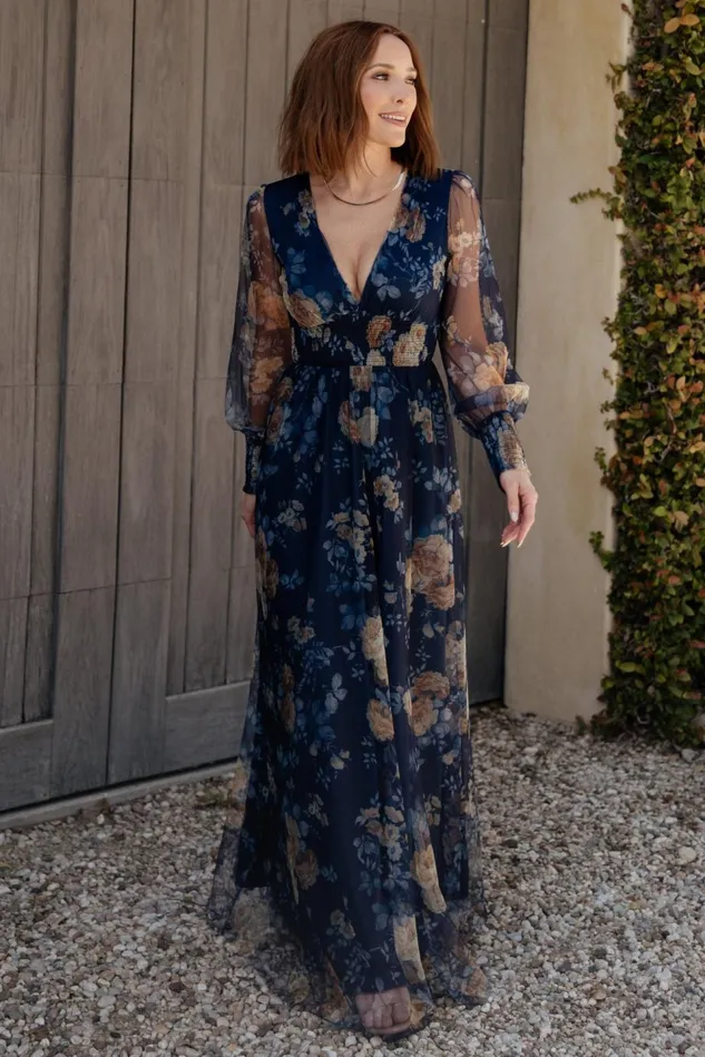 Baltic Born Wedding Guest Women Layla Tulle Maxi Dress Blue Golden Floral