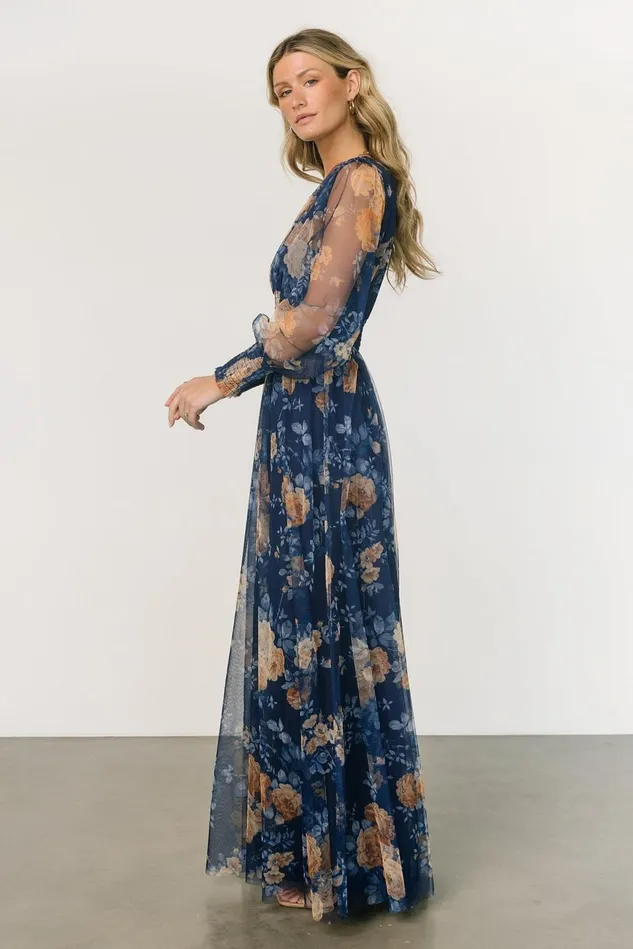 Baltic Born Wedding Guest Women Layla Tulle Maxi Dress Blue Golden Floral