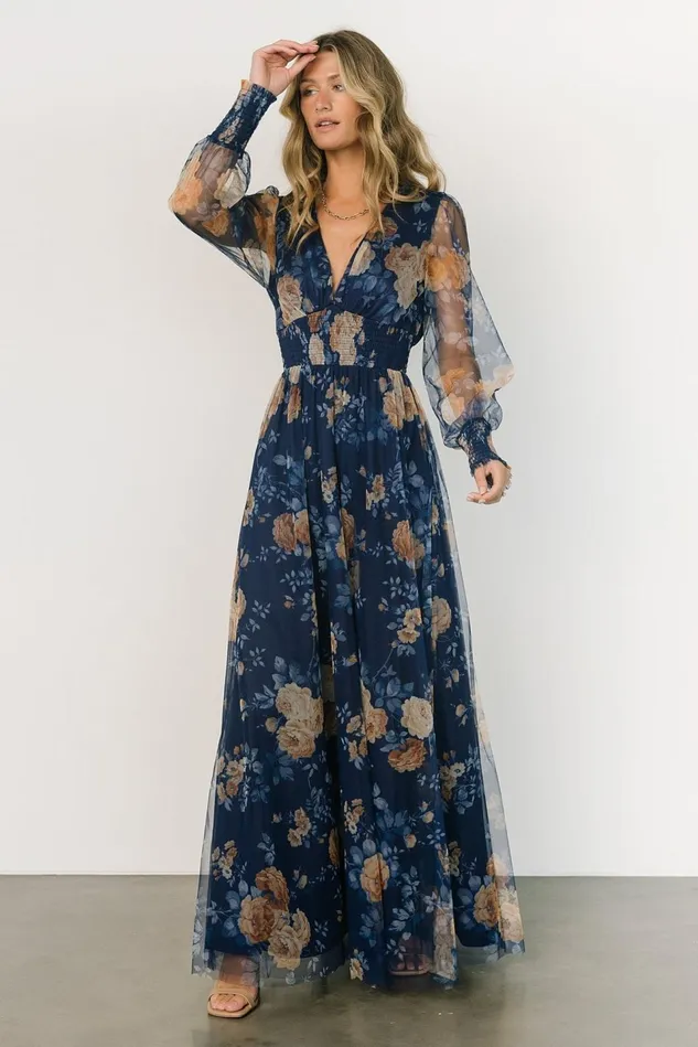 Baltic Born Wedding Guest Women Layla Tulle Maxi Dress Blue Golden Floral