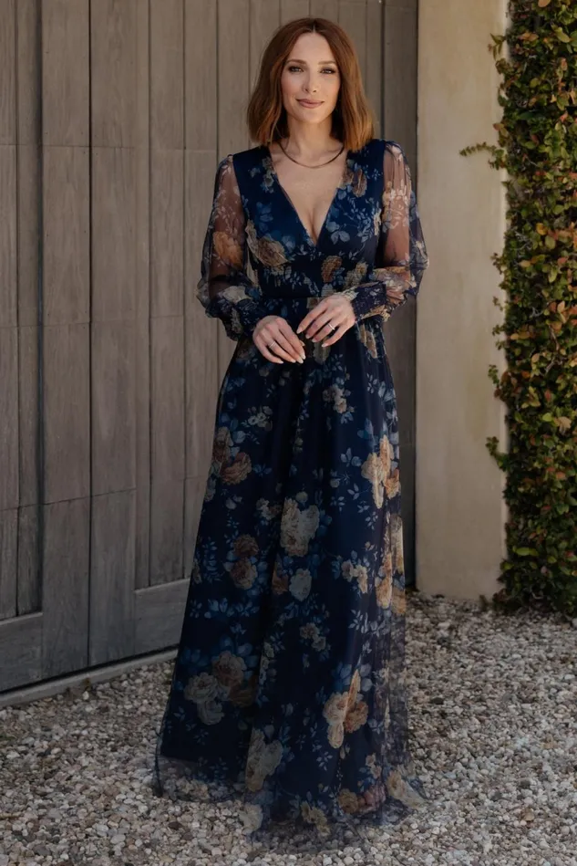 Baltic Born Wedding Guest Women Layla Tulle Maxi Dress Blue Golden Floral