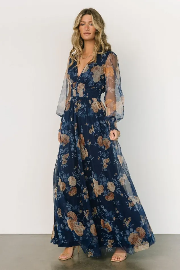 Baltic Born Wedding Guest Women Layla Tulle Maxi Dress Blue Golden Floral