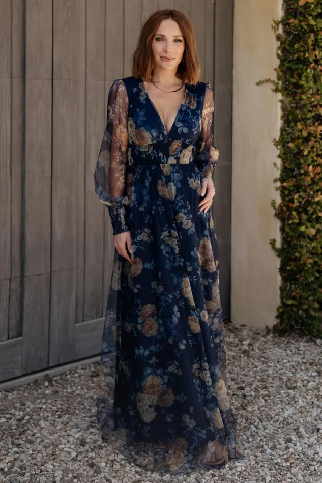 Baltic Born Wedding Guest Women Layla Tulle Maxi Dress Blue Golden Floral