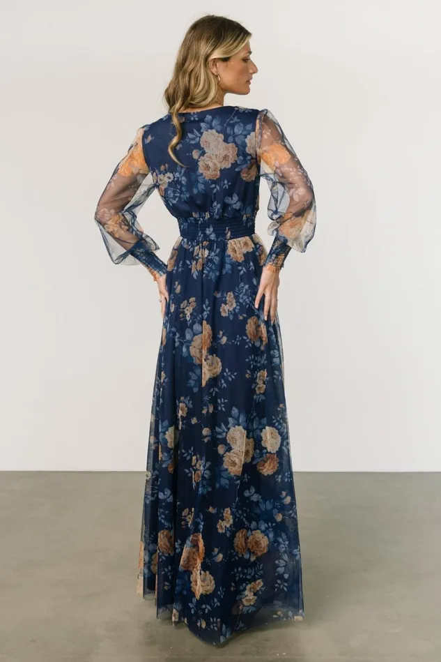 Baltic Born Wedding Guest Women Layla Tulle Maxi Dress Blue Golden Floral