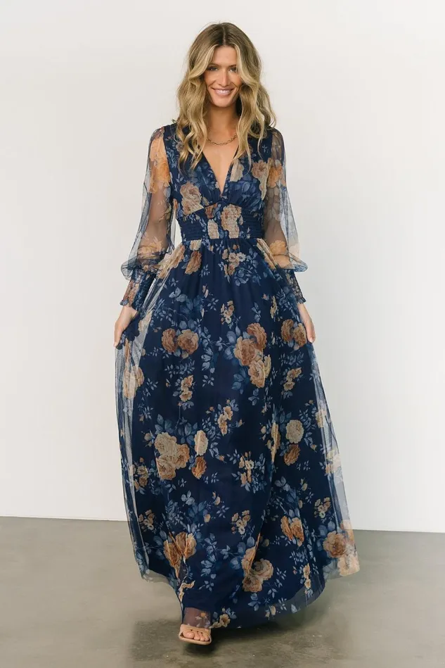 Baltic Born Wedding Guest Women Layla Tulle Maxi Dress Blue Golden Floral