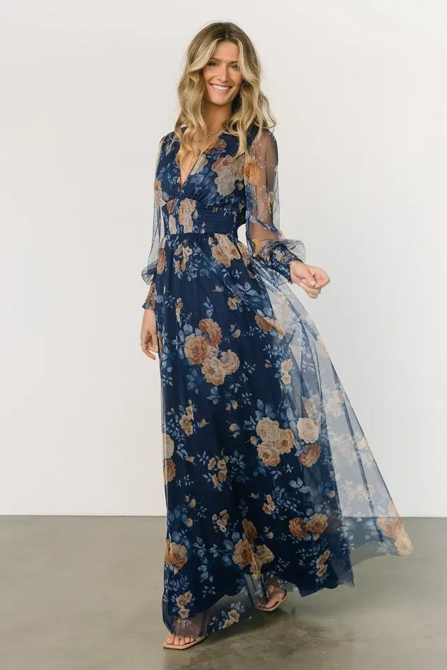 Baltic Born Wedding Guest Women Layla Tulle Maxi Dress Blue Golden Floral