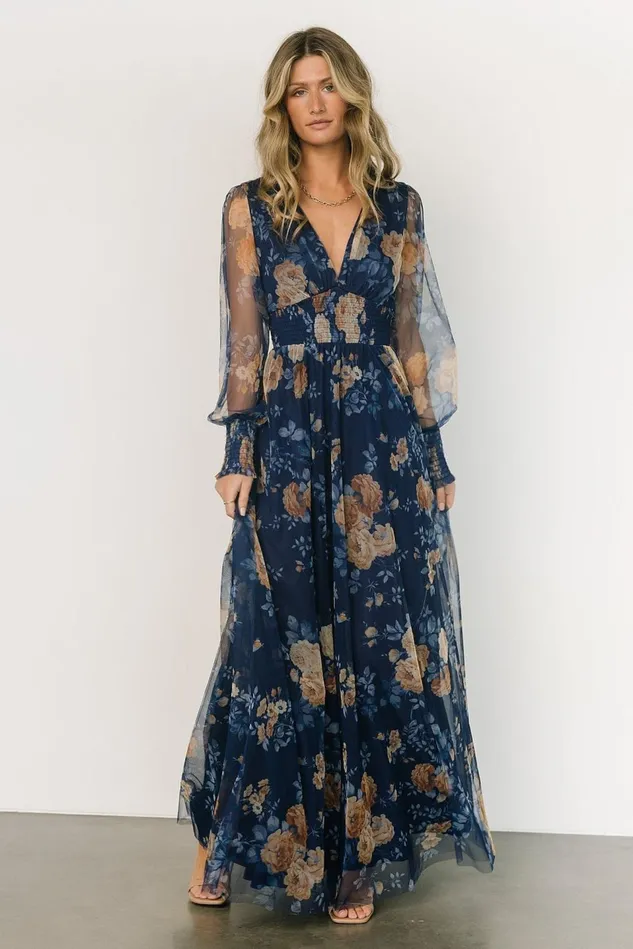 Baltic Born Wedding Guest Women Layla Tulle Maxi Dress Blue Golden Floral