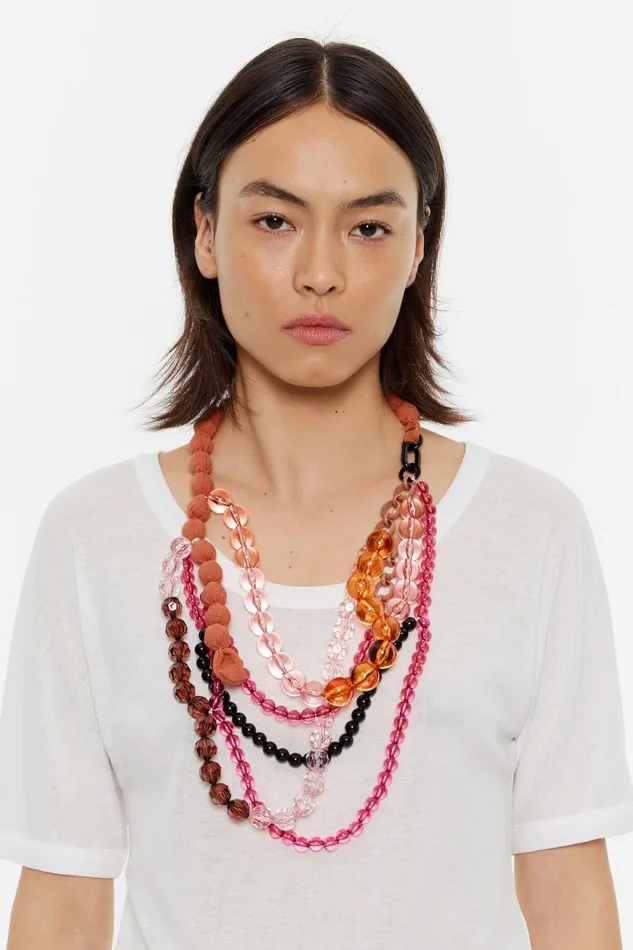 Beaded Necklace Chain And Fabric Pale Pink Women Bimba Y Lola Jewelry Beaded Necklace Chain And Fabric Pale Pink Women Bimba Y Lola Jewelry