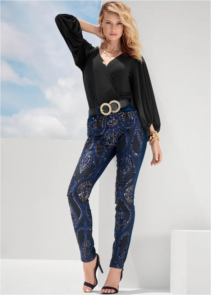 Beaded Skinny Jeans Indigo Blue Women VENUS Novelty Jeans