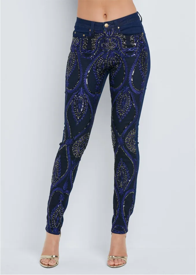 Beaded Skinny Jeans Indigo Blue Women VENUS Novelty Jeans