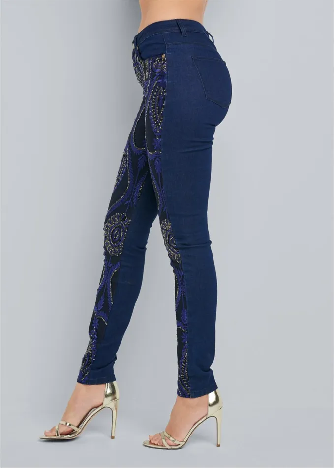 Beaded Skinny Jeans Indigo Blue Women VENUS Novelty Jeans