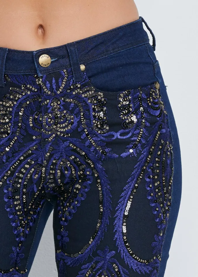Beaded Skinny Jeans Indigo Blue Women VENUS Novelty Jeans