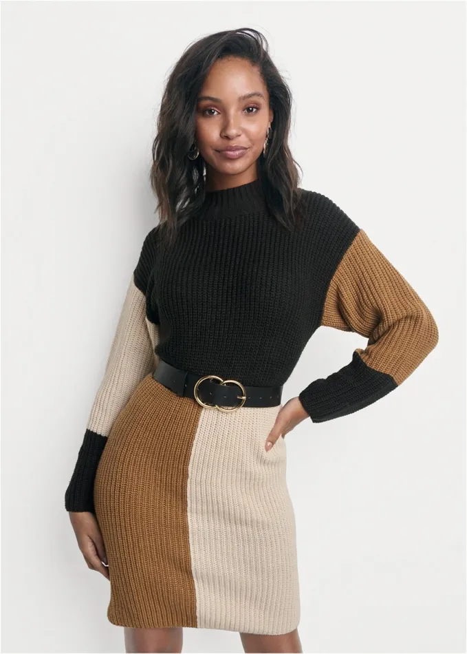 Belted Color Block Sweater Dress Black Multi Women VENUS Midi Dresses