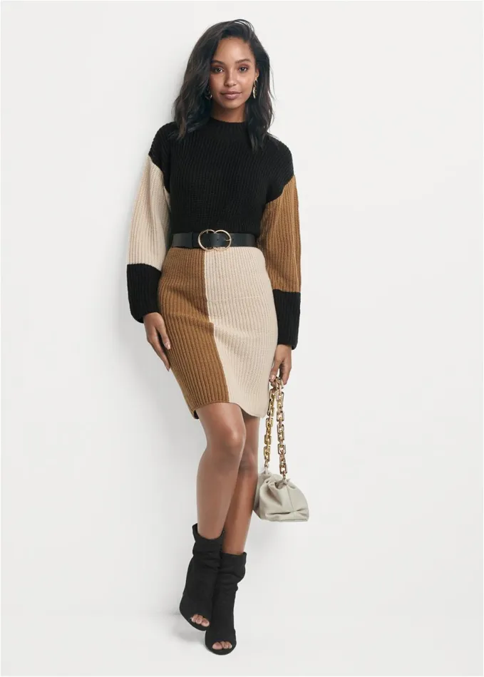 Belted Color Block Sweater Dress Black Multi Women VENUS Midi Dresses