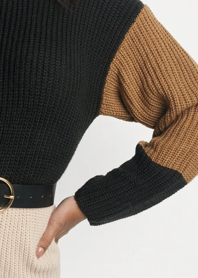Belted Color Block Sweater Dress Black Multi Women VENUS Midi Dresses