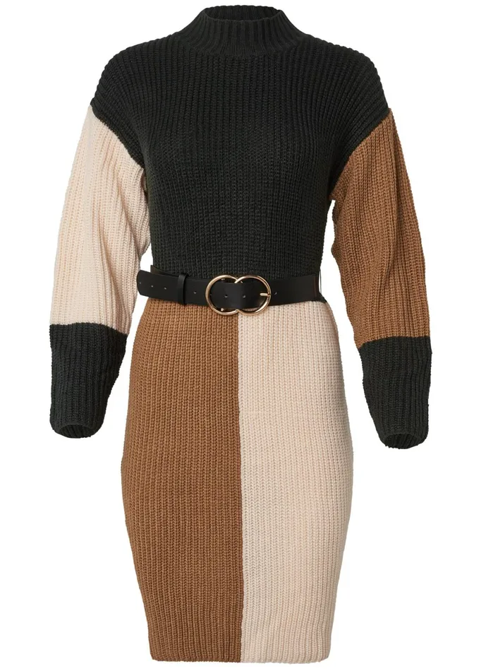 Belted Color Block Sweater Dress Black Multi Women VENUS Midi Dresses