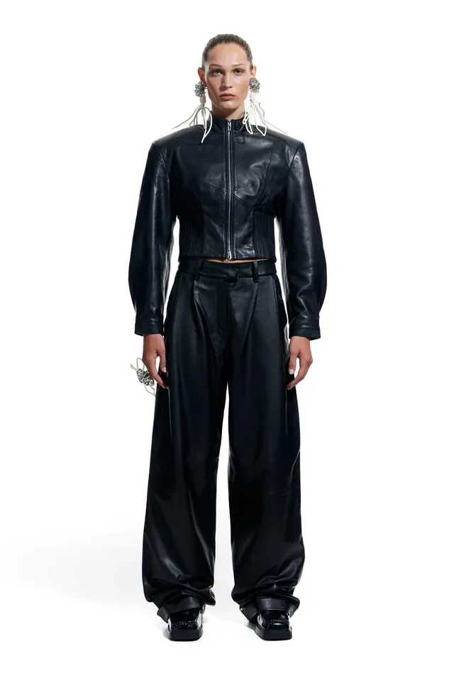 Black Maxi Elasticated Waist Leather Jacket Black Women Bimba Y Lola Bimba Y Palomo