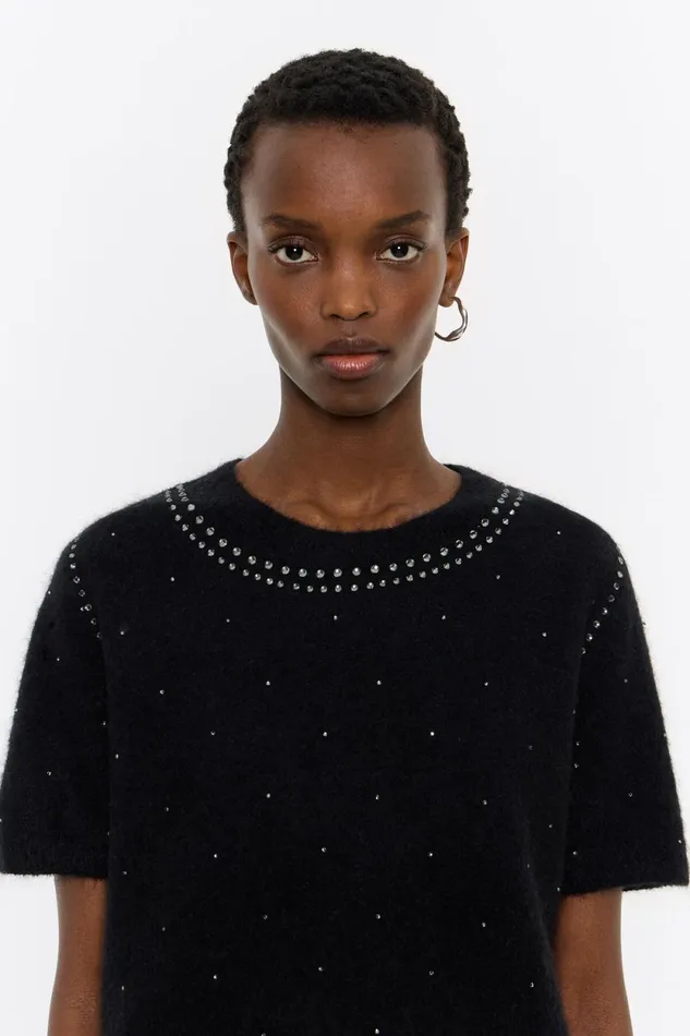 Black Mohair Rhinestones Sweater Black Women Bimba Y Lola Knitwear Black Mohair Rhinestones Sweater Black Women Bimba Y Lola Knitwear