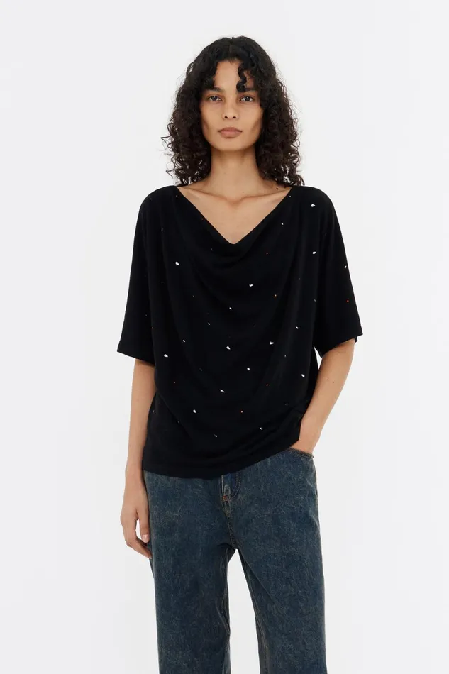 Black Viscose Rhinestone Boxy Tshirt Black Women Bimba Y Lola TShirts