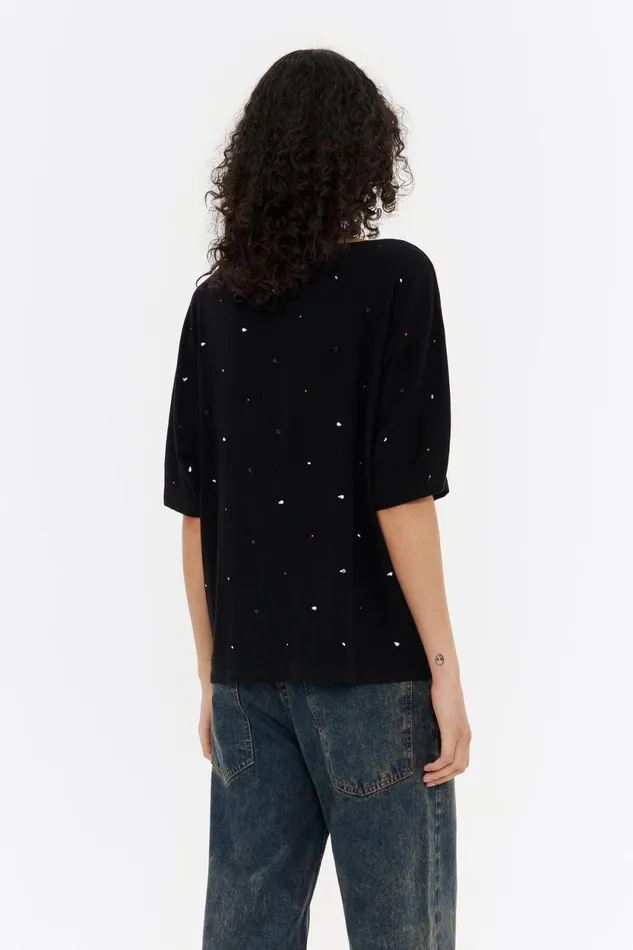 Black Viscose Rhinestone Boxy Tshirt Black Women Bimba Y Lola TShirts Black Viscose Rhinestone Boxy Tshirt Black Women Bimba Y Lola TShirts