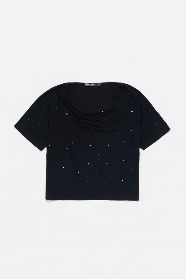 Black Viscose Rhinestone Boxy Tshirt Black Women Bimba Y Lola TShirts Black Viscose Rhinestone Boxy Tshirt Black Women Bimba Y Lola TShirts