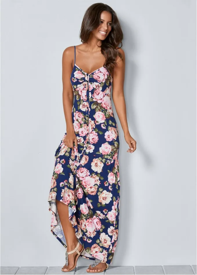 ButtonFront Maxi Dress Navy Multi Women VENUS Sundresses