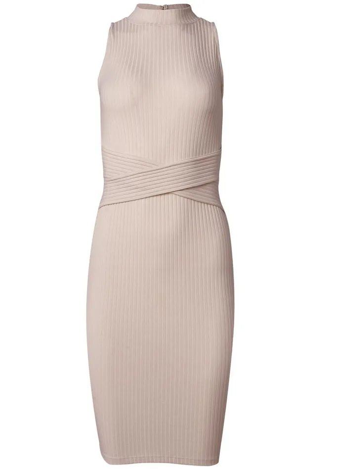 CASUAL RIBBED MIDI DRESS Taupe Women VENUS Sundresses