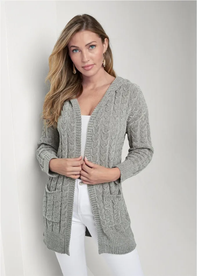 CHENILLE CABLE KNIT CARDIGAN Grey Women VENUS Cardigans and Dusters