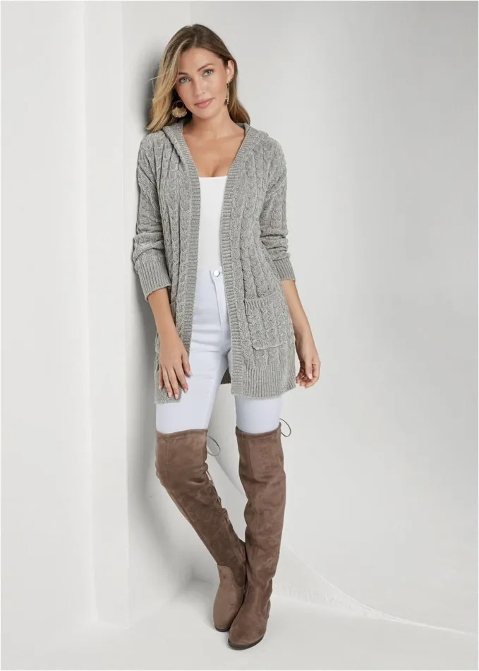 CHENILLE CABLE KNIT CARDIGAN Grey Women VENUS Cardigans and Dusters