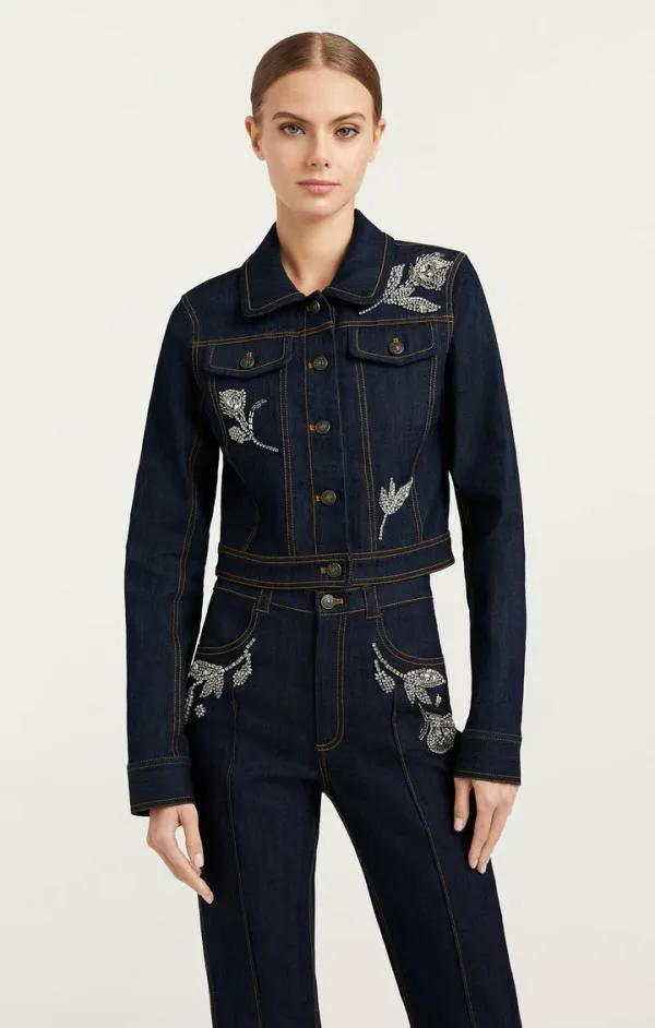 Cinq Sept Crystal Floral Regina Jacket Indigo Women Blazers